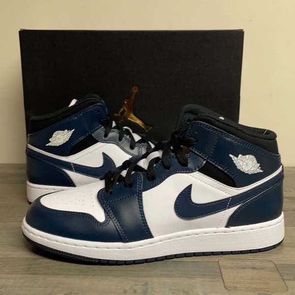 Jordan Shoes - Air Jordan 1 mid GS size 7Y/Women’s size 8.5 White/Navy/Black new with box